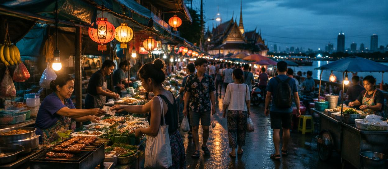 Evening street food market in Bangkok