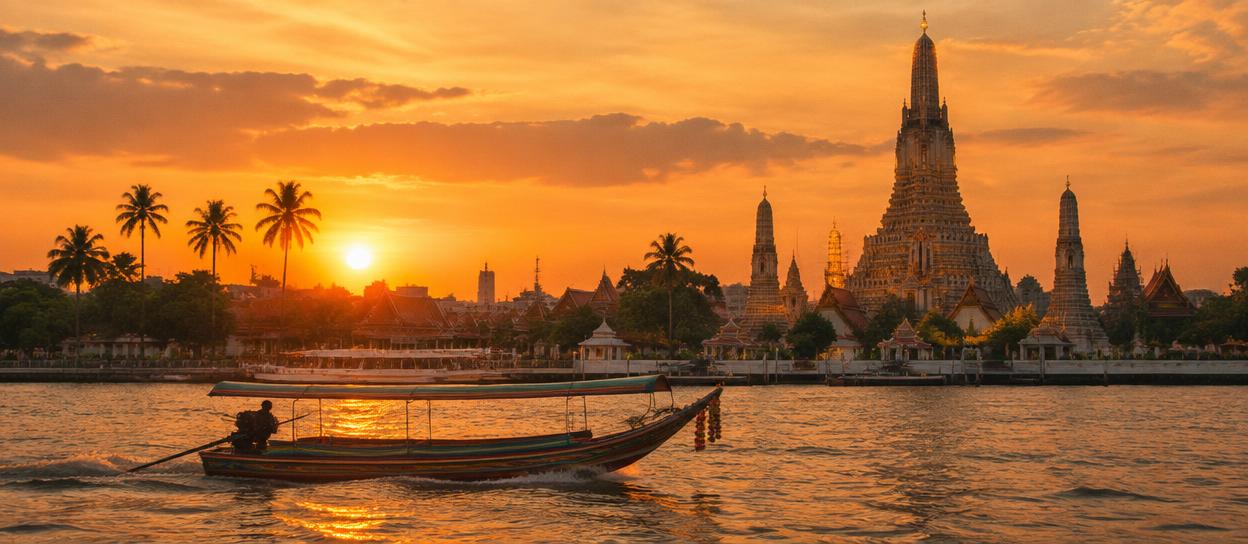 Long-tail boat on the Chao Phraya river at sunset in Bangkok